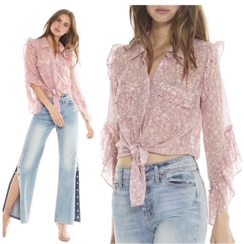 MISA Aeryn Floral Chiffon‎ Button-Front Ruffle Top